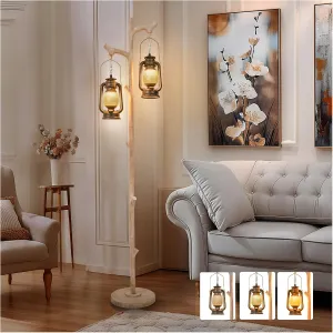 68" Vintage Dimmable Floor Lamp, Standing Lamp with Classical Lanterns, Rustic Tree Trunk Tall Corner Lamp with Wood Finish, Western Farmhouse Decor for Living Room Bedroom Office