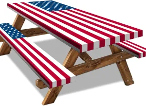 6FT American Flag Picnic Table Cover with Bench Covers Set 4th of July Waterproof Windproof Camping Rectangle Tablecloths with Elastic Fitted Picnic Table Cover for 4th of July Outdoor Decor