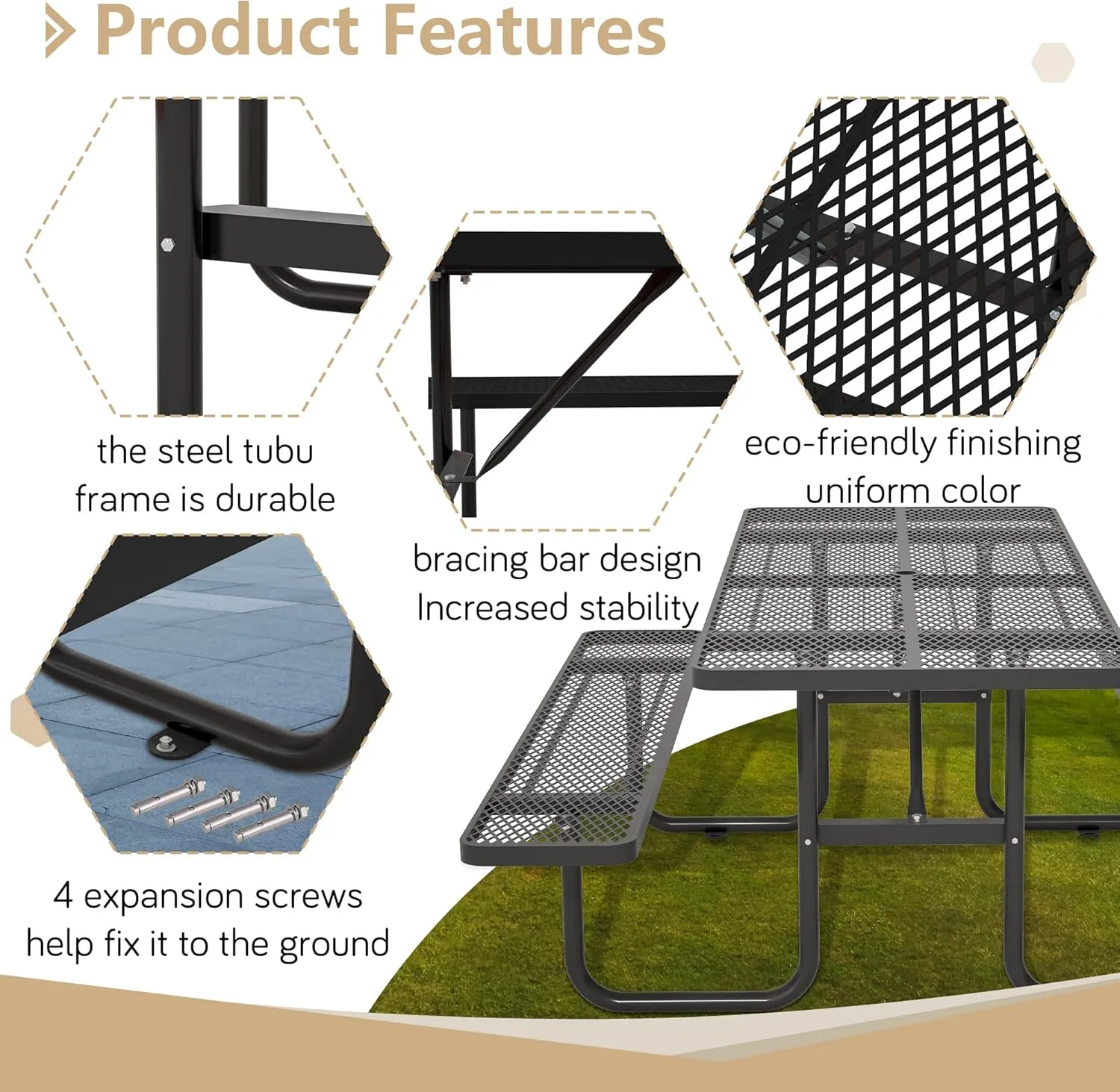 72'' Steel Rectangular Picnic Table for Outdoors, Expanded, Lifetime Picnic Table with Umbrella Hole, Heavy Duty Sturdy Commercial Picnic Tables for Garden Courtyard BBQ, Black