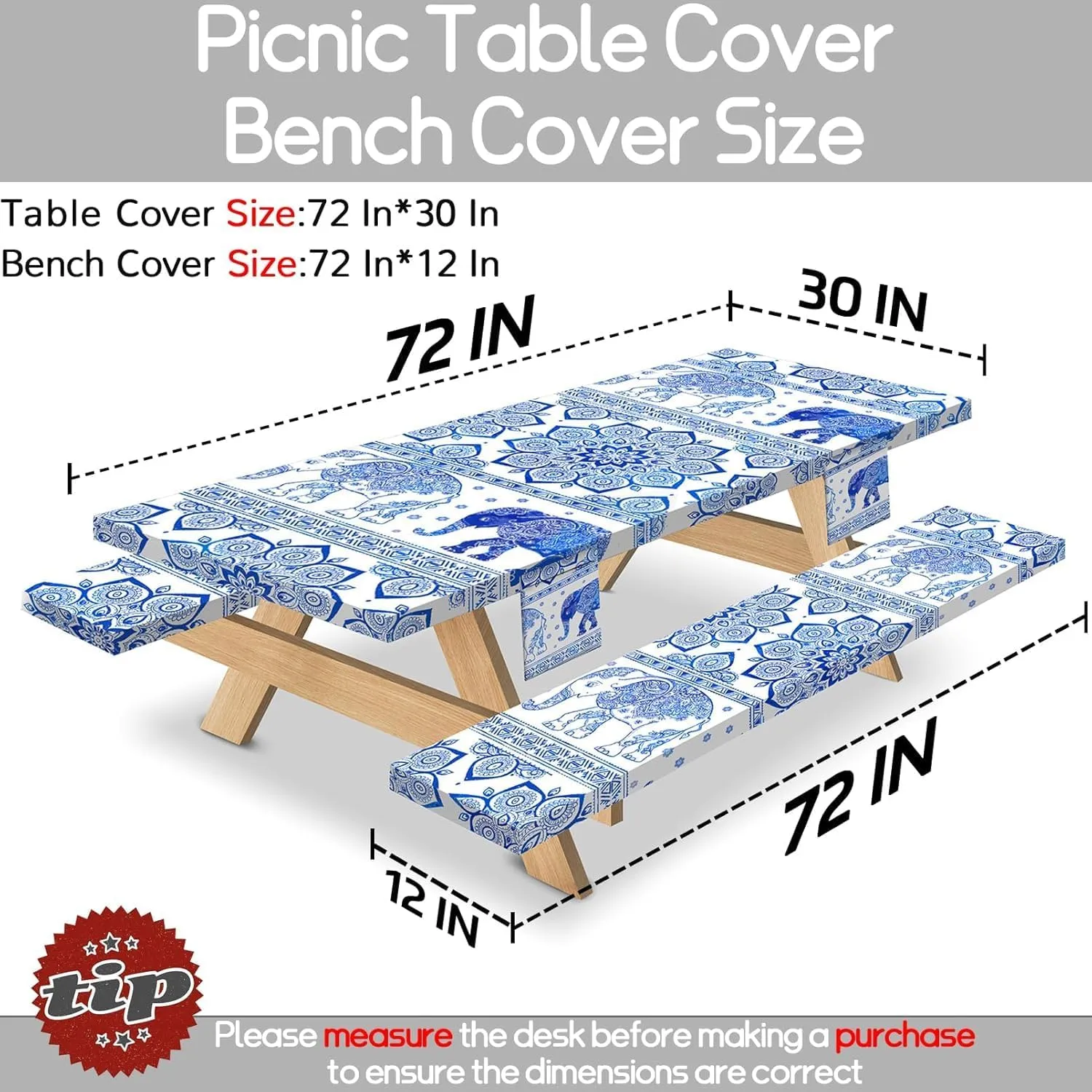 72×30Inches Picnic Table Cover with Bench Covers Heavy Duty Water Proof Stain Resistant Camp Tablecovers Carrying Bag Rv Camping Supplies Kitchen Cooking Equipment Accessories Blue Elephant