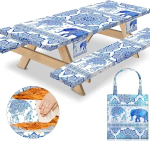 72×30Inches Picnic Table Cover with Bench Covers Heavy Duty Water Proof Stain Resistant Camp Tablecovers Carrying Bag Rv Camping Supplies Kitchen Cooking Equipment Accessories Blue Elephant