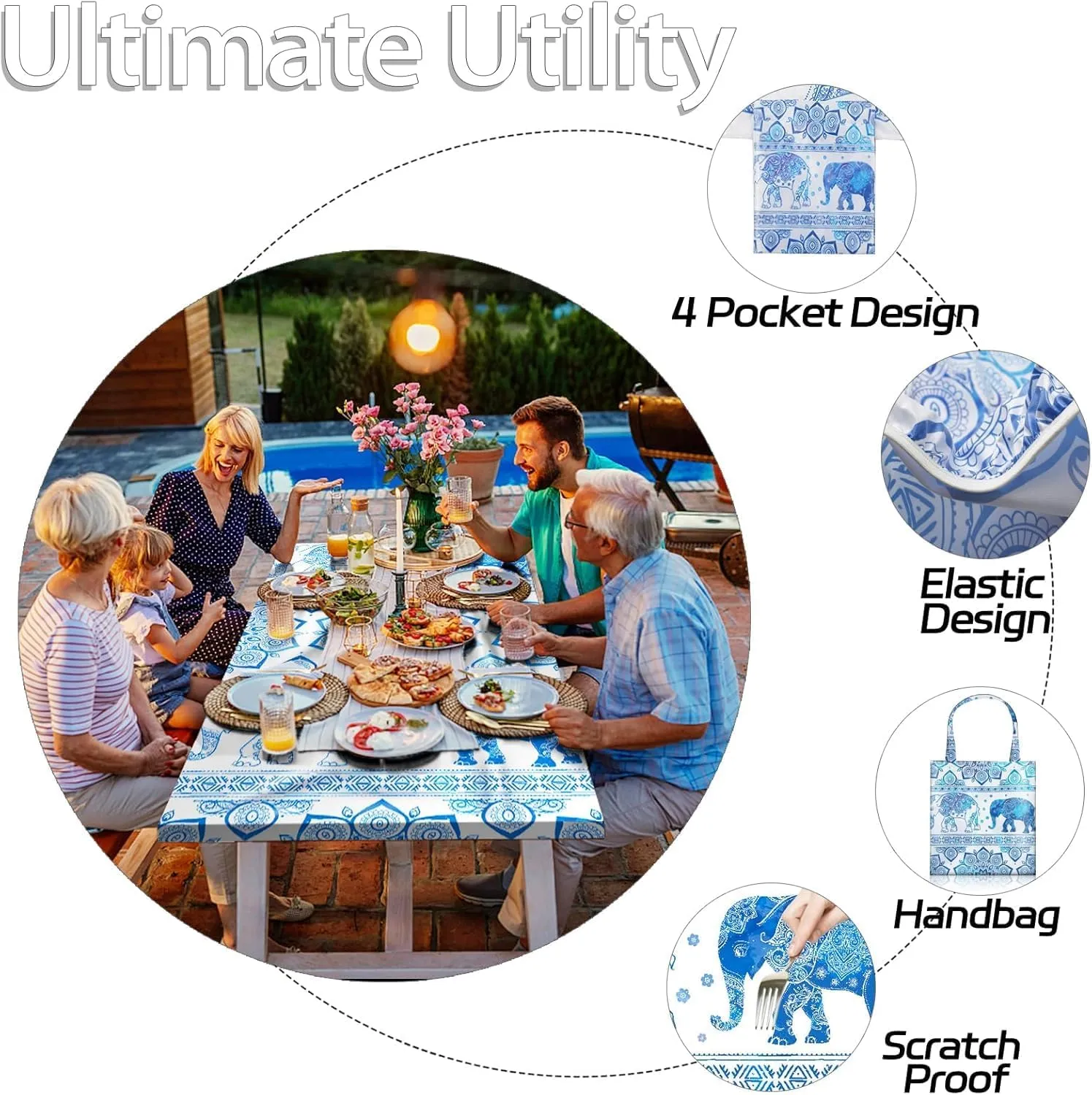 72×30Inches Picnic Table Cover with Bench Covers Heavy Duty Water Proof Stain Resistant Camp Tablecovers Carrying Bag Rv Camping Supplies Kitchen Cooking Equipment Accessories Blue Elephant