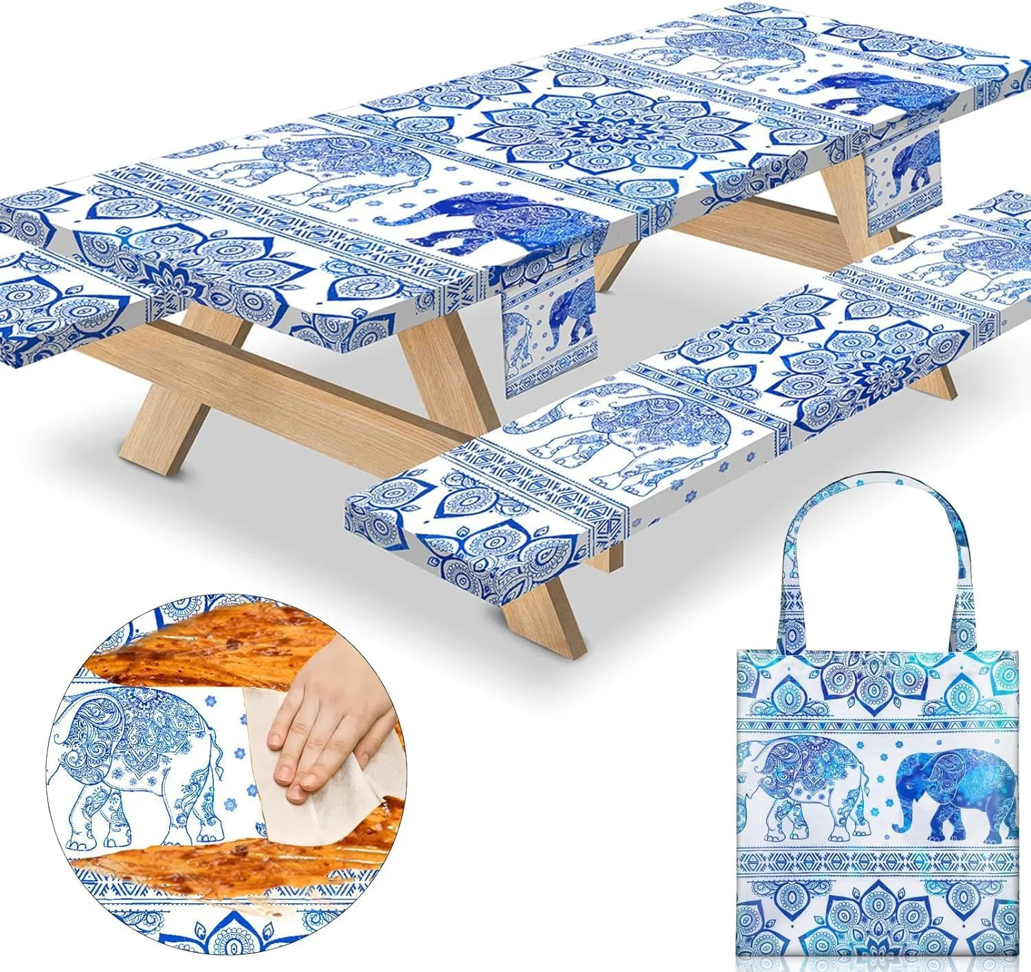 72×30Inches Picnic Table Cover with Bench Covers Heavy Duty Water Proof Stain Resistant Camp Tablecovers Carrying Bag Rv Camping Supplies Kitchen Cooking Equipment Accessories Blue Elephant