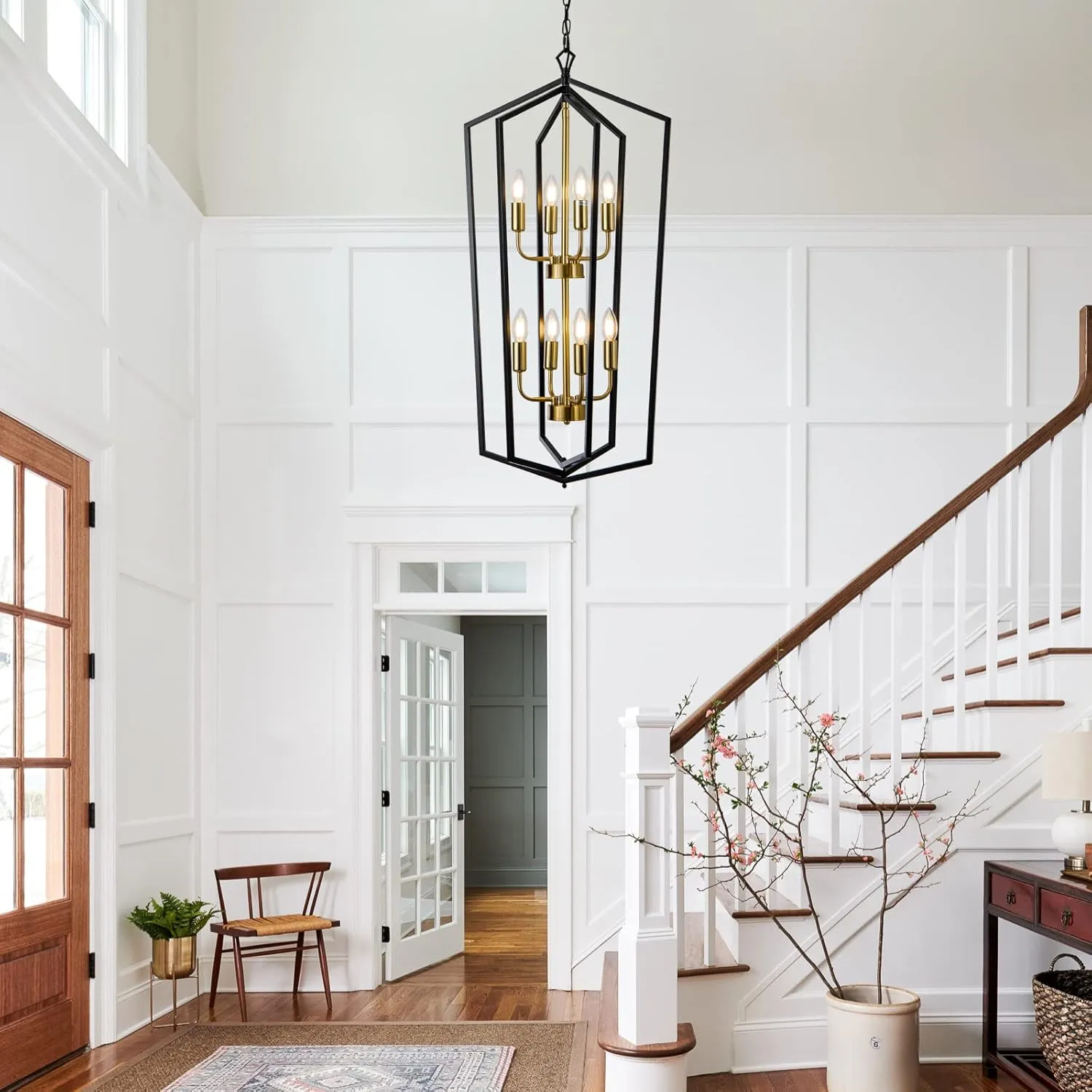 8-Light Lantern Tired Farmhouse Ceiling Hanging Light Black Chandelier Metal Modern Pendant Light Fixtures for Kitchen Island Dining Room Living Room Foyer Entryway-Brushed Brass