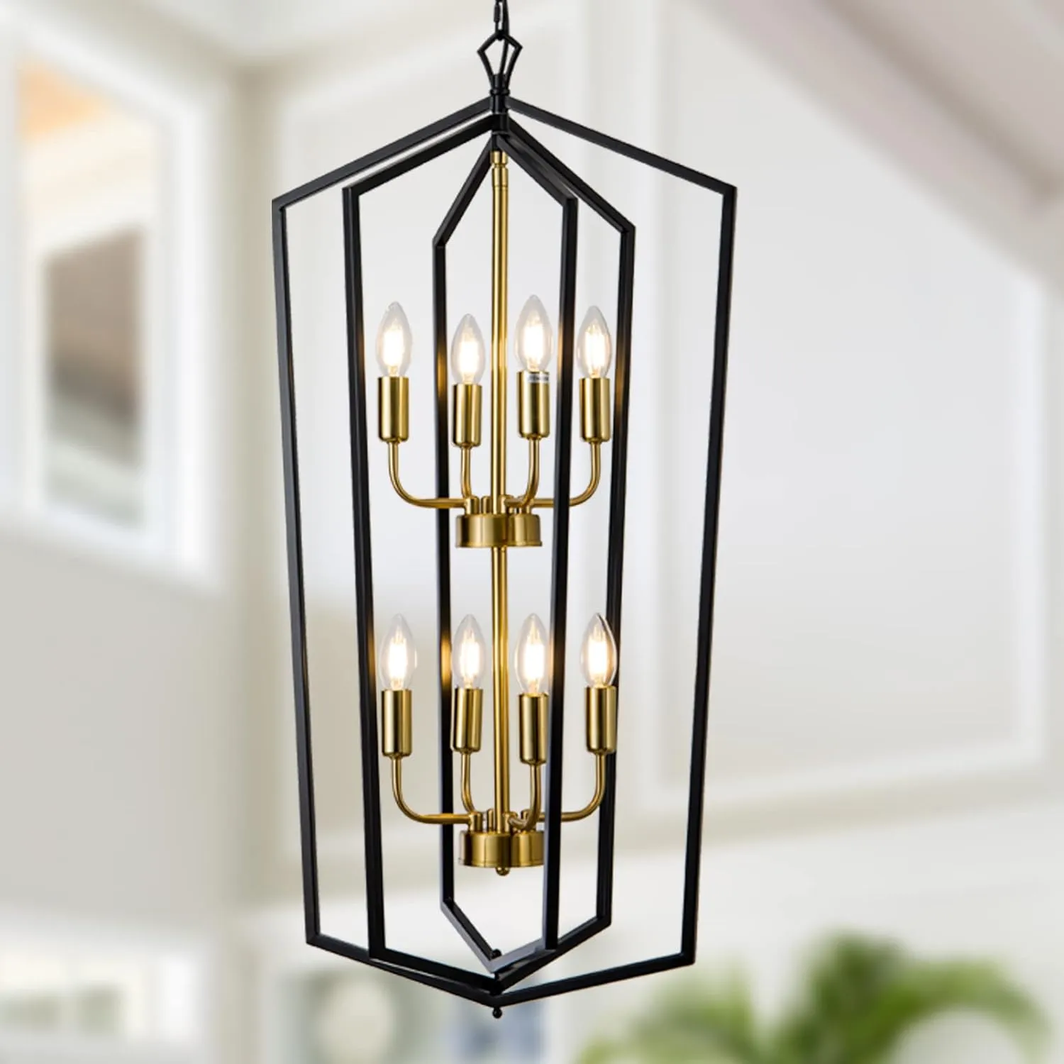 8-Light Lantern Tired Farmhouse Ceiling Hanging Light Black Chandelier Metal Modern Pendant Light Fixtures for Kitchen Island Dining Room Living Room Foyer Entryway-Brushed Brass