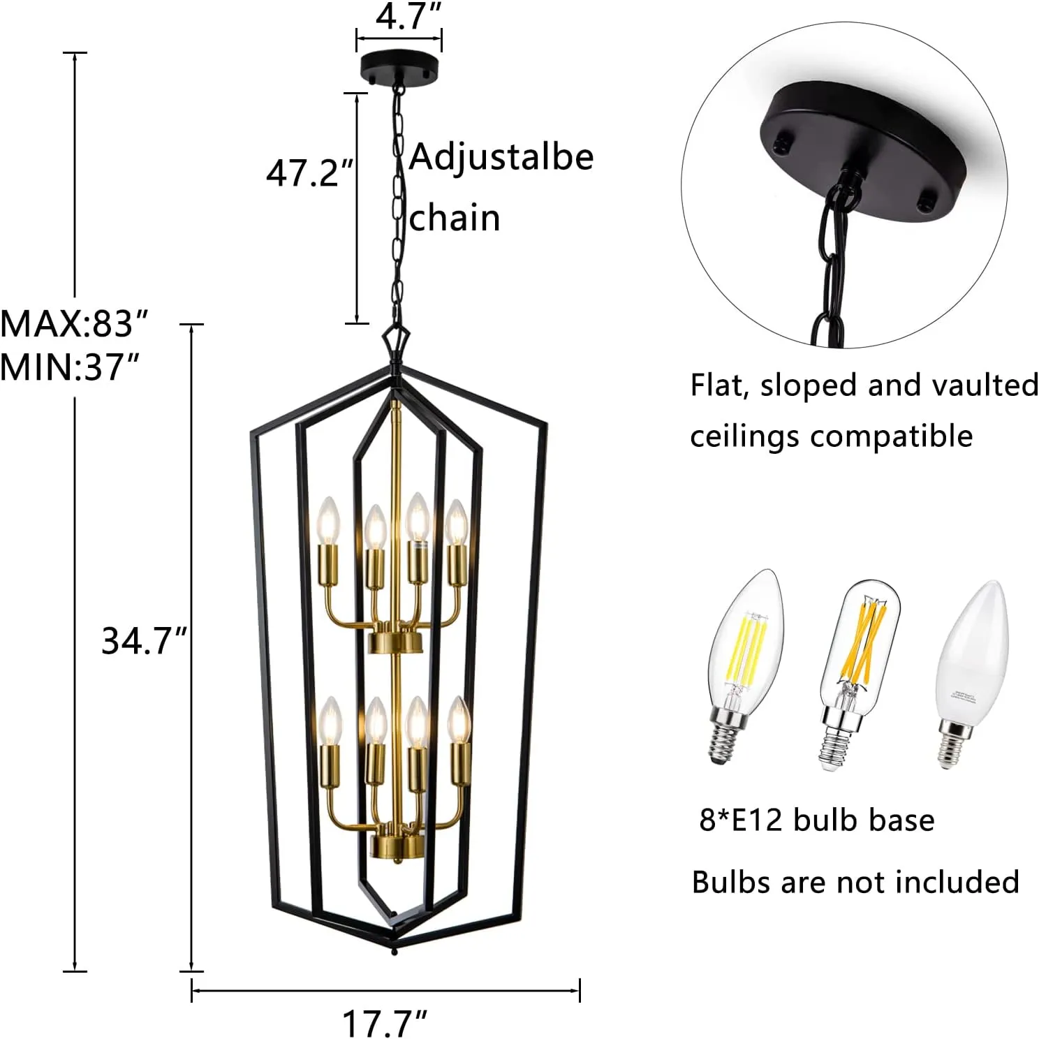 8-Light Lantern Tired Farmhouse Ceiling Hanging Light Black Chandelier Metal Modern Pendant Light Fixtures for Kitchen Island Dining Room Living Room Foyer Entryway-Brushed Brass