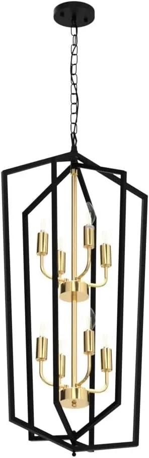 8-Light Lantern Tired Farmhouse Ceiling Hanging Light Black Chandelier Metal Modern Pendant Light Fixtures for Kitchen Island Dining Room Living Room Foyer Entryway-Brushed Brass