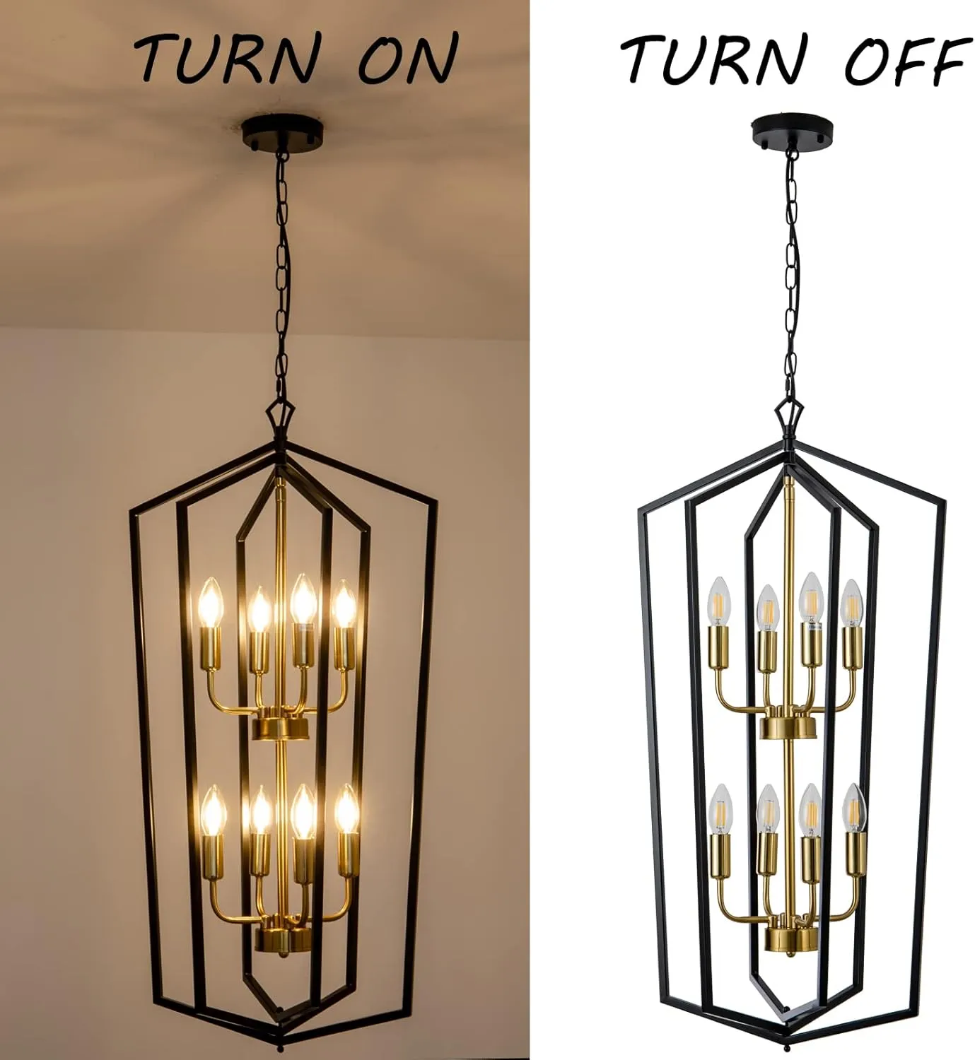 8-Light Lantern Tired Farmhouse Ceiling Hanging Light Black Chandelier Metal Modern Pendant Light Fixtures for Kitchen Island Dining Room Living Room Foyer Entryway-Brushed Brass