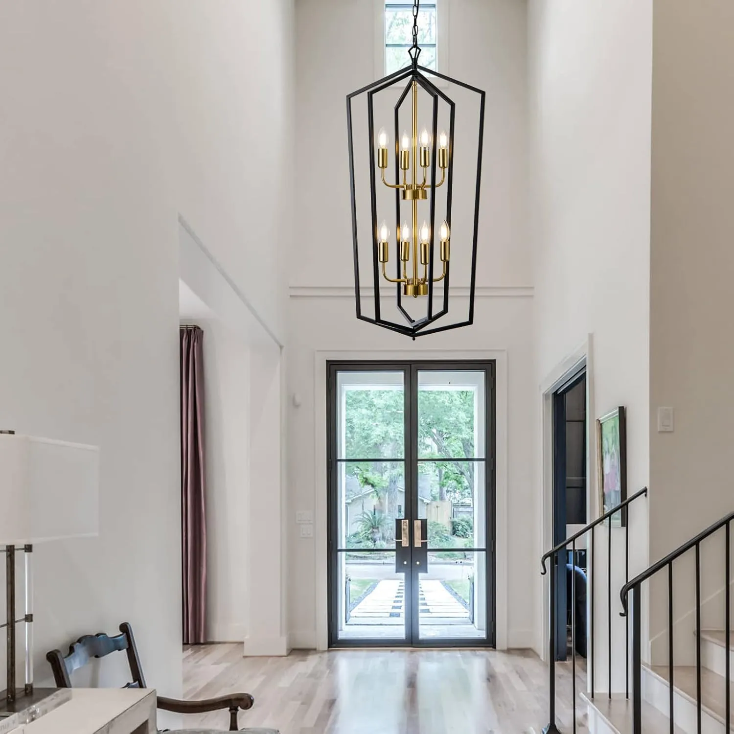 8-Light Lantern Tired Farmhouse Ceiling Hanging Light Black Chandelier Metal Modern Pendant Light Fixtures for Kitchen Island Dining Room Living Room Foyer Entryway-Brushed Brass