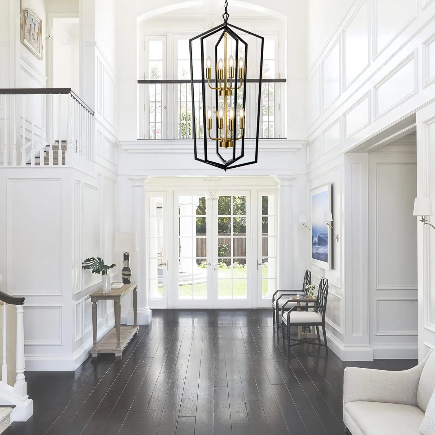8-Light Lantern Tired Farmhouse Ceiling Hanging Light Black Chandelier Metal Modern Pendant Light Fixtures for Kitchen Island Dining Room Living Room Foyer Entryway-Brushed Brass