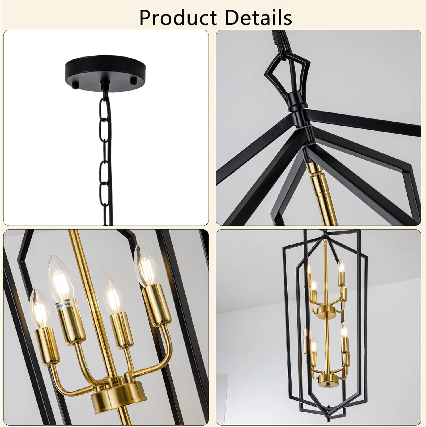 8-Light Lantern Tired Farmhouse Ceiling Hanging Light Black Chandelier Metal Modern Pendant Light Fixtures for Kitchen Island Dining Room Living Room Foyer Entryway-Brushed Brass