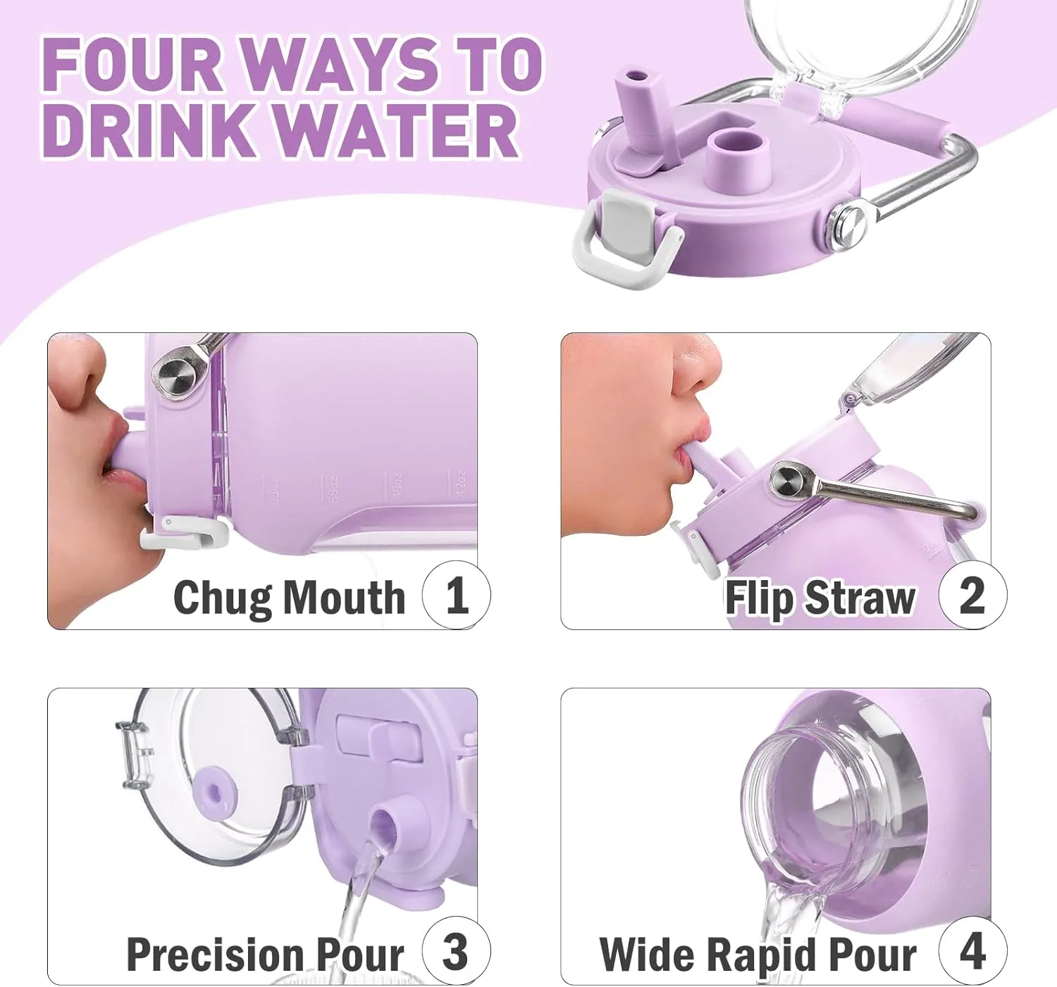 84oz Glass Water Bottle with Stainless Steel Handle,2.5L Gallon Water Bottle with 2-IN-1 Straw Lid, Silicone Sleeve and Motivational Capacity Marker, Wide Mouth Water Jug For Gym, Purple