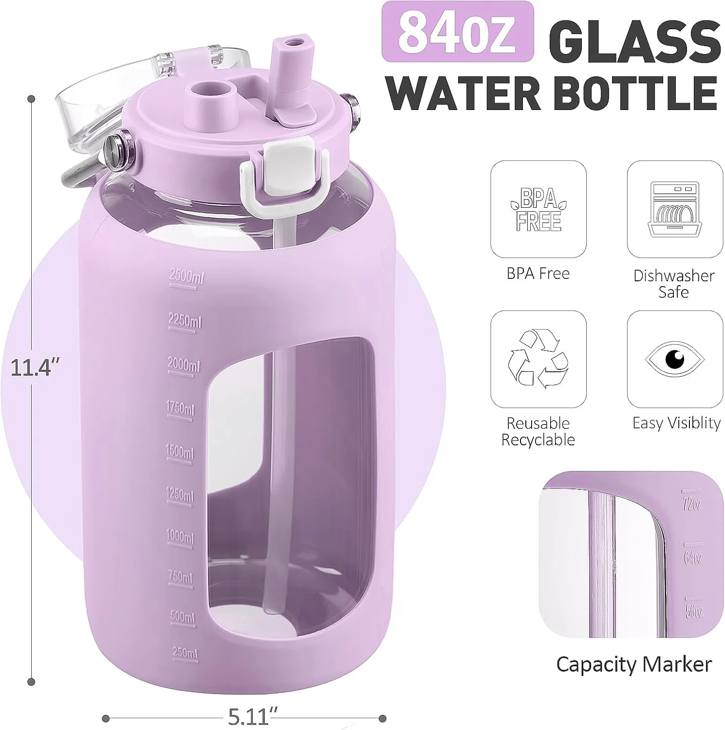 84oz Glass Water Bottle with Stainless Steel Handle,2.5L Gallon Water Bottle with 2-IN-1 Straw Lid, Silicone Sleeve and Motivational Capacity Marker, Wide Mouth Water Jug For Gym, Purple