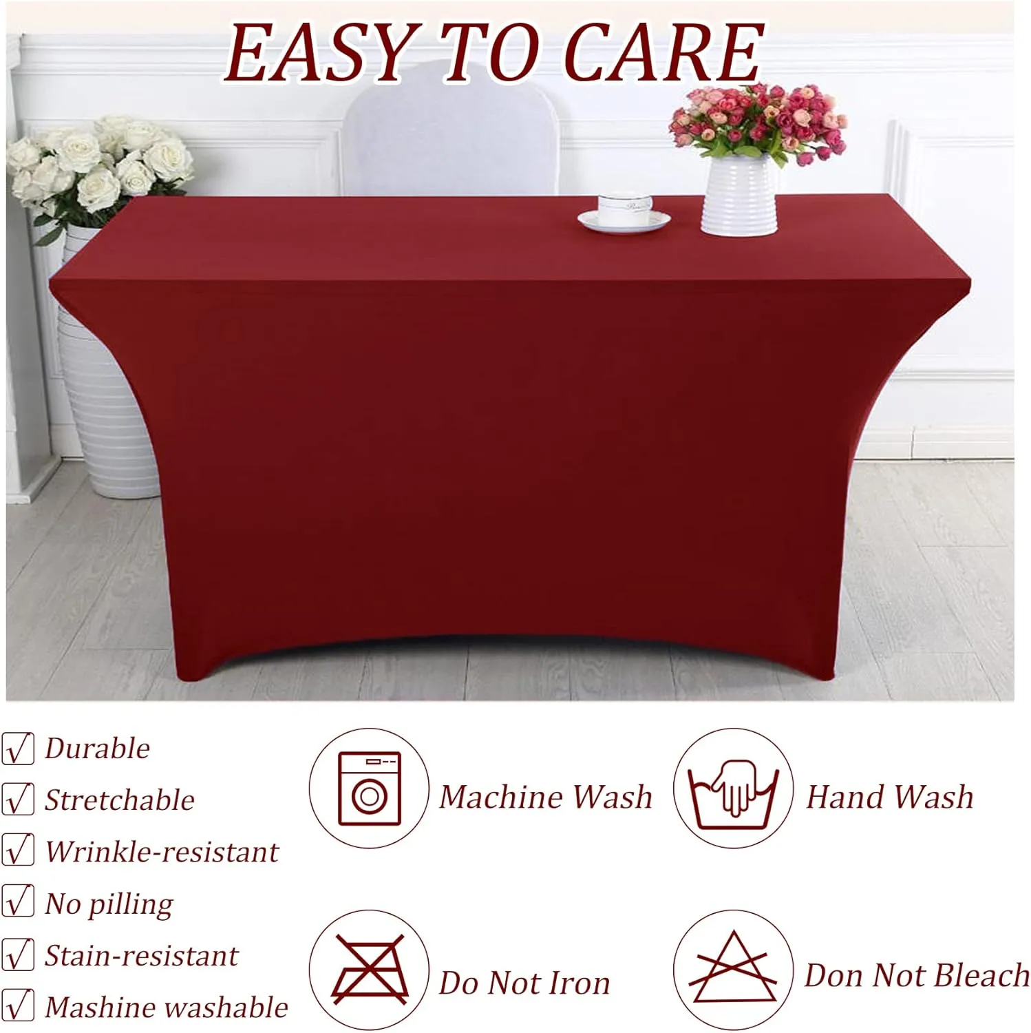8FT Spandex Table Cover Table Cloth for Folding Tables Fitted Rectangular Tablecover Washable Wrinkle Resistant Polyester Stretch Burgundy Tablecloth for Wedding Banquet Party (4 Pack, Burgundy)