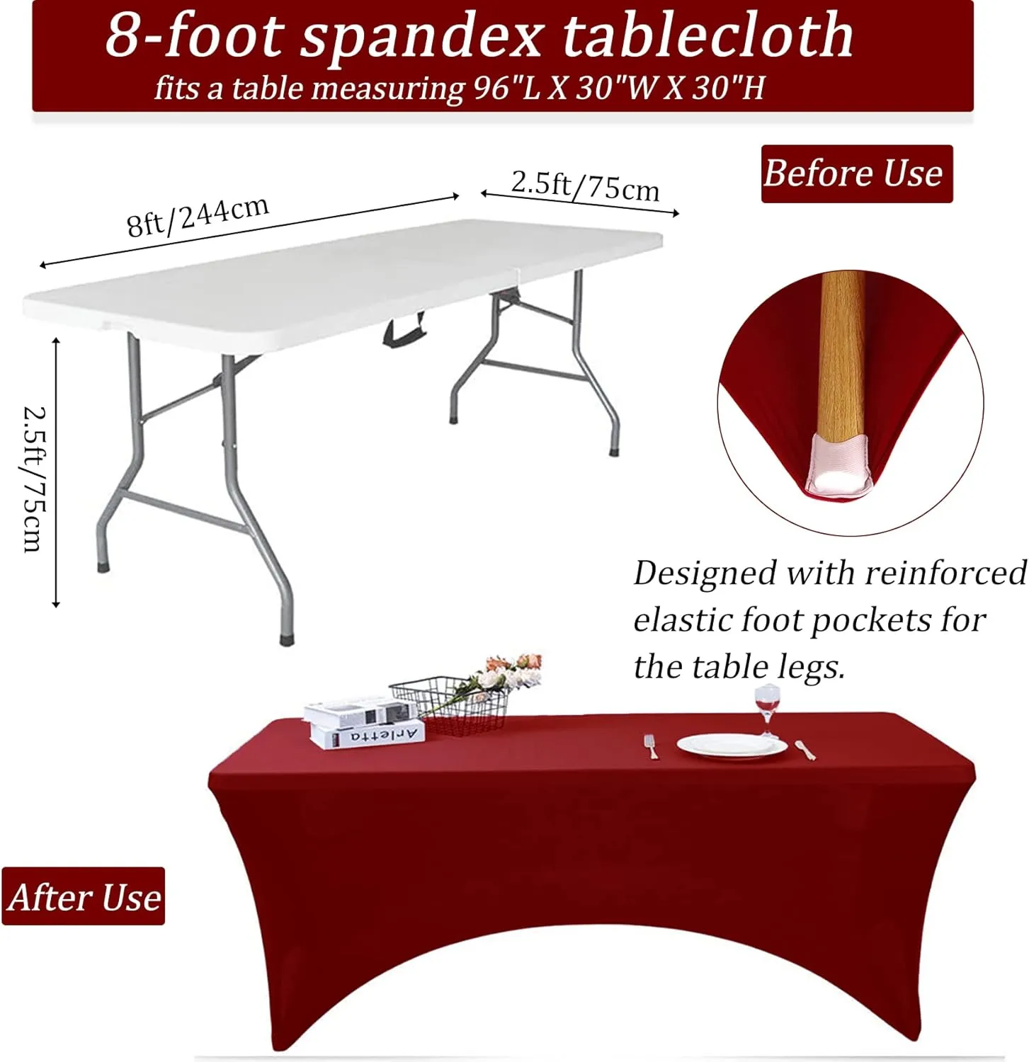 8FT Spandex Table Cover Table Cloth for Folding Tables Fitted Rectangular Tablecover Washable Wrinkle Resistant Polyester Stretch Burgundy Tablecloth for Wedding Banquet Party (4 Pack, Burgundy)