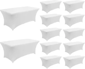 8FT Spandex Table Cover Table Cloth for Folding Tables Fitted Rectangular Tablecover Washable Wrinkle Resistant Polyester Stretch Tablecloth Protector for Wedding Banquet Party (12 Pack, White)