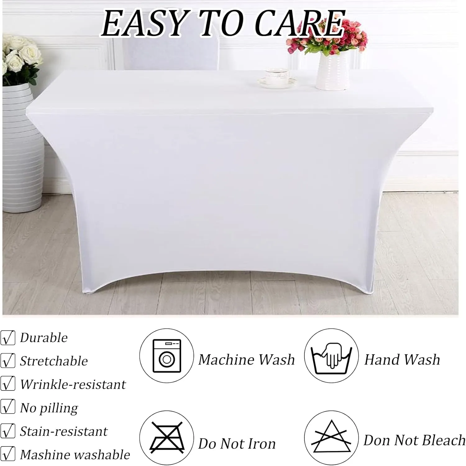 8FT Spandex Table Cover Table Cloth for Folding Tables Fitted Rectangular Tablecover Washable Wrinkle Resistant Polyester Stretch Tablecloth Protector for Wedding Banquet Party (12 Pack, White)