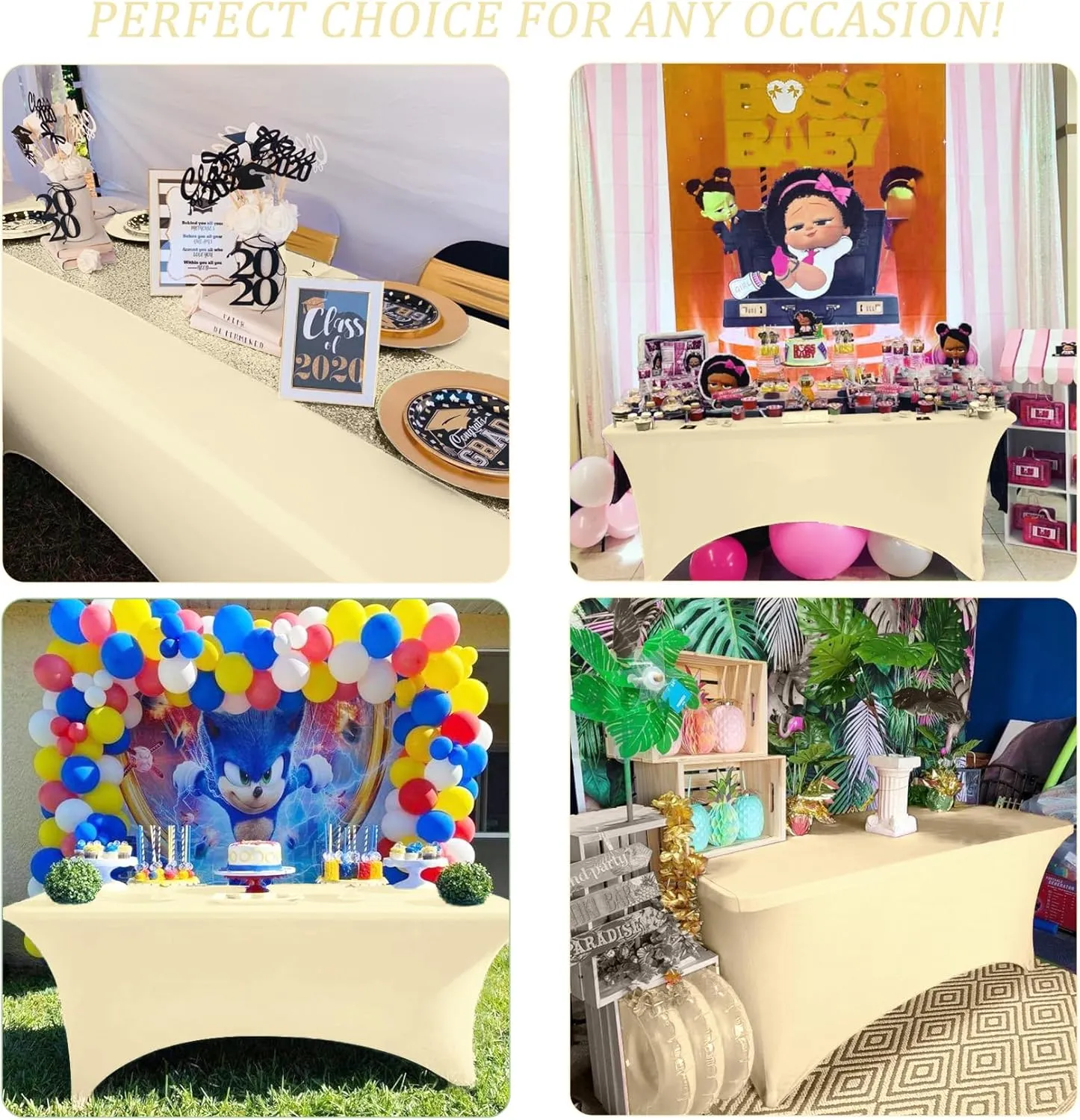 8FT Spandex Table Cover Table Cloth for Folding Tables Fitted Rectangular Tablecover Washable Wrinkle Resistant Polyester Stretch Tablecloth Protector for Wedding Banquet Party (4 Pack, Beige)