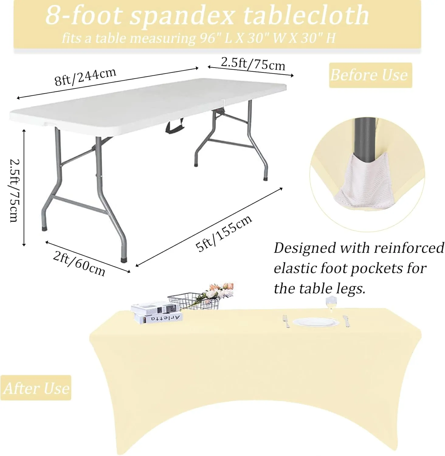 8FT Spandex Table Cover Table Cloth for Folding Tables Fitted Rectangular Tablecover Washable Wrinkle Resistant Polyester Stretch Tablecloth Protector for Wedding Banquet Party (4 Pack, Beige)
