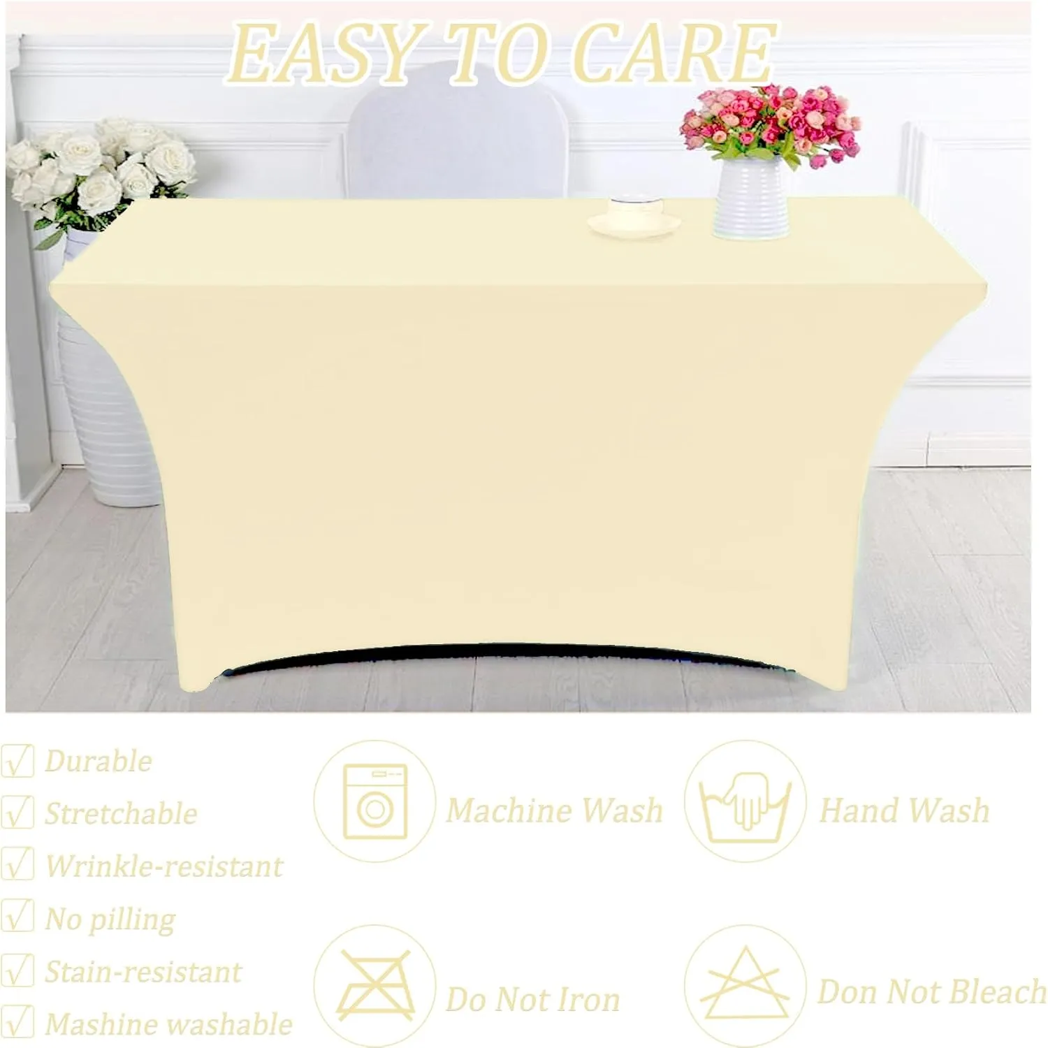8FT Spandex Table Cover Table Cloth for Folding Tables Fitted Rectangular Tablecover Washable Wrinkle Resistant Polyester Stretch Tablecloth Protector for Wedding Banquet Party (4 Pack, Beige)