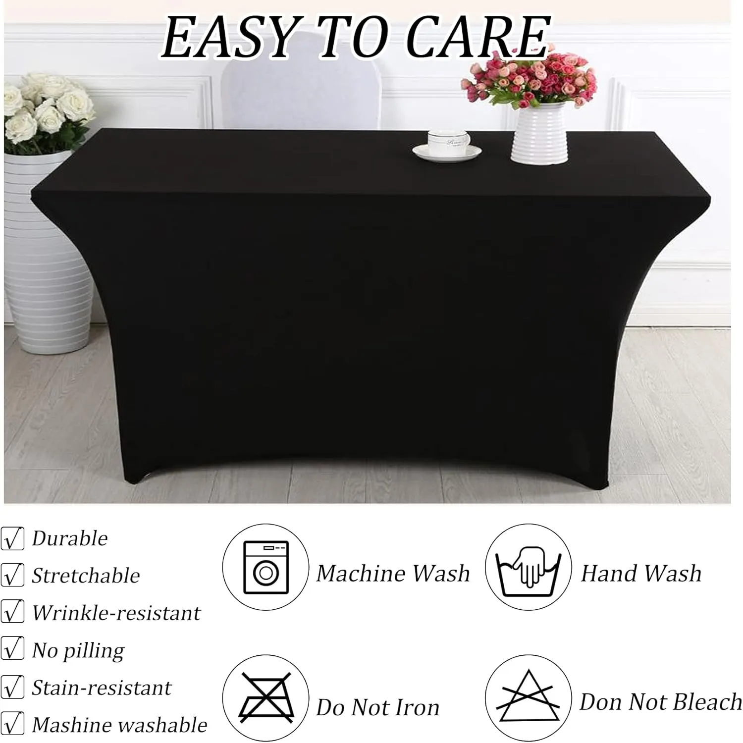 8FT Spandex Table Cover Table Cloth for Folding Tables Fitted Rectangular Tablecover Washable Wrinkle Resistant Polyester Stretch Tablecloth Protector for Wedding Banquet Party (4 Pack, Black)