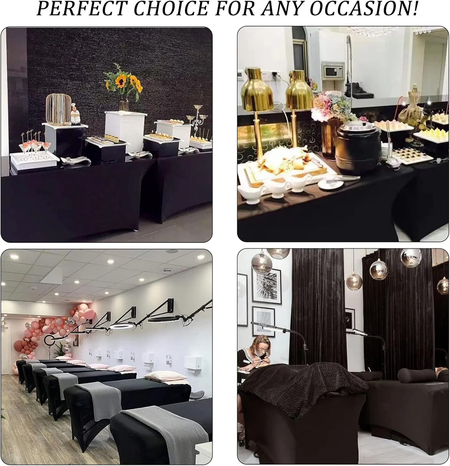 8FT Spandex Table Cover Table Cloth for Folding Tables Fitted Rectangular Tablecover Washable Wrinkle Resistant Polyester Stretch Tablecloth Protector for Wedding Banquet Party (4 Pack, Black)