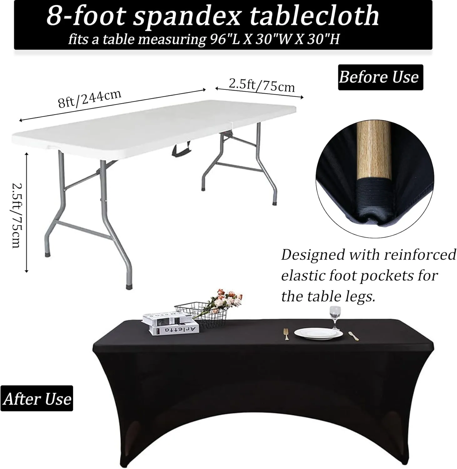8FT Spandex Table Cover Table Cloth for Folding Tables Fitted Rectangular Tablecover Washable Wrinkle Resistant Polyester Stretch Tablecloth Protector for Wedding Banquet Party (4 Pack, Black)
