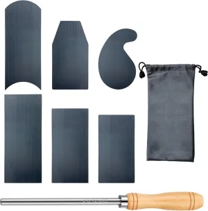 8pcs 6 Shaped Cabinet Scraper Cards Set with Cabinet Scraper Burnisher for Woodworking, Rustproof Bag, Multi-Shaped Include 1 Gooseneck 1 Curved 1 Beveled & 3 Rectangle (Large, Medium, Small)