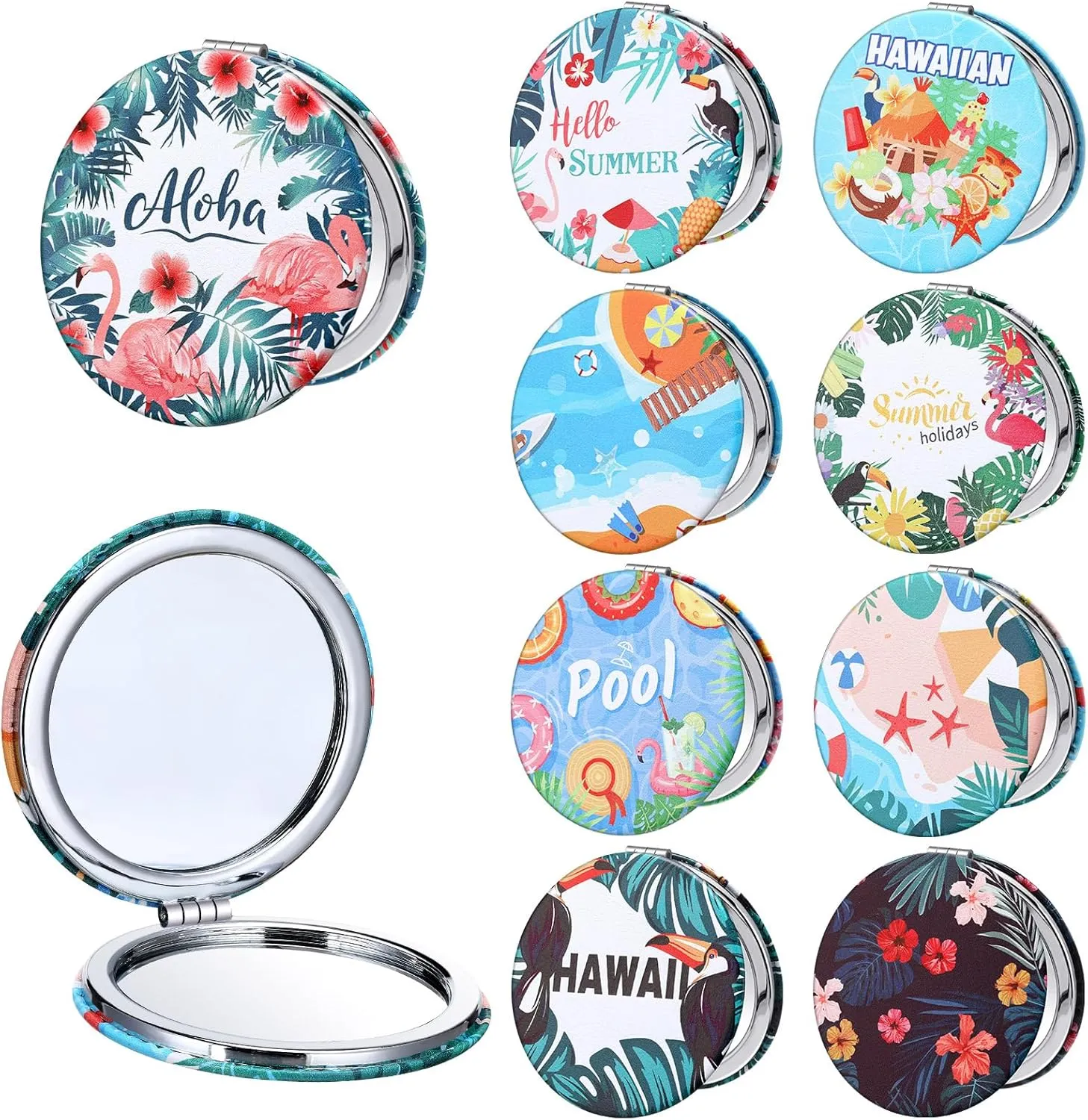 9 Pcs Hawaiian Compact Mirrors Bulk Summer Beach Pocket Mirror for Women Girls 1x 2X Magnifying Makeup Mirrors Tropical Portable Travel Makeup Mirror for Handbag Pocket Wallet