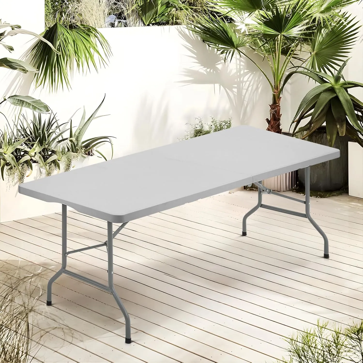 94' Folding Table, Collapsible Camping Table, Rectangular Picnic Table with Steel Frame, Stable Legs Design, Easy Carry and Storage, Plastic Outdoor Folding Tables for Indoor Outdoor, Gray