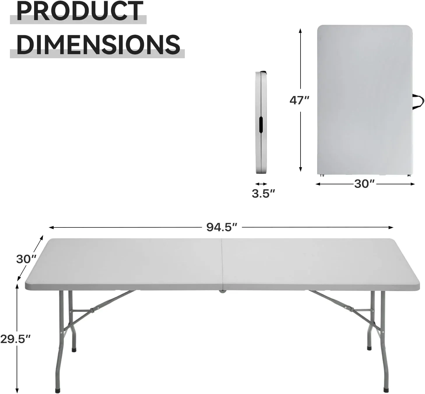 94' Folding Table, Collapsible Camping Table, Rectangular Picnic Table with Steel Frame, Stable Legs Design, Easy Carry and Storage, Plastic Outdoor Folding Tables for Indoor Outdoor, Gray