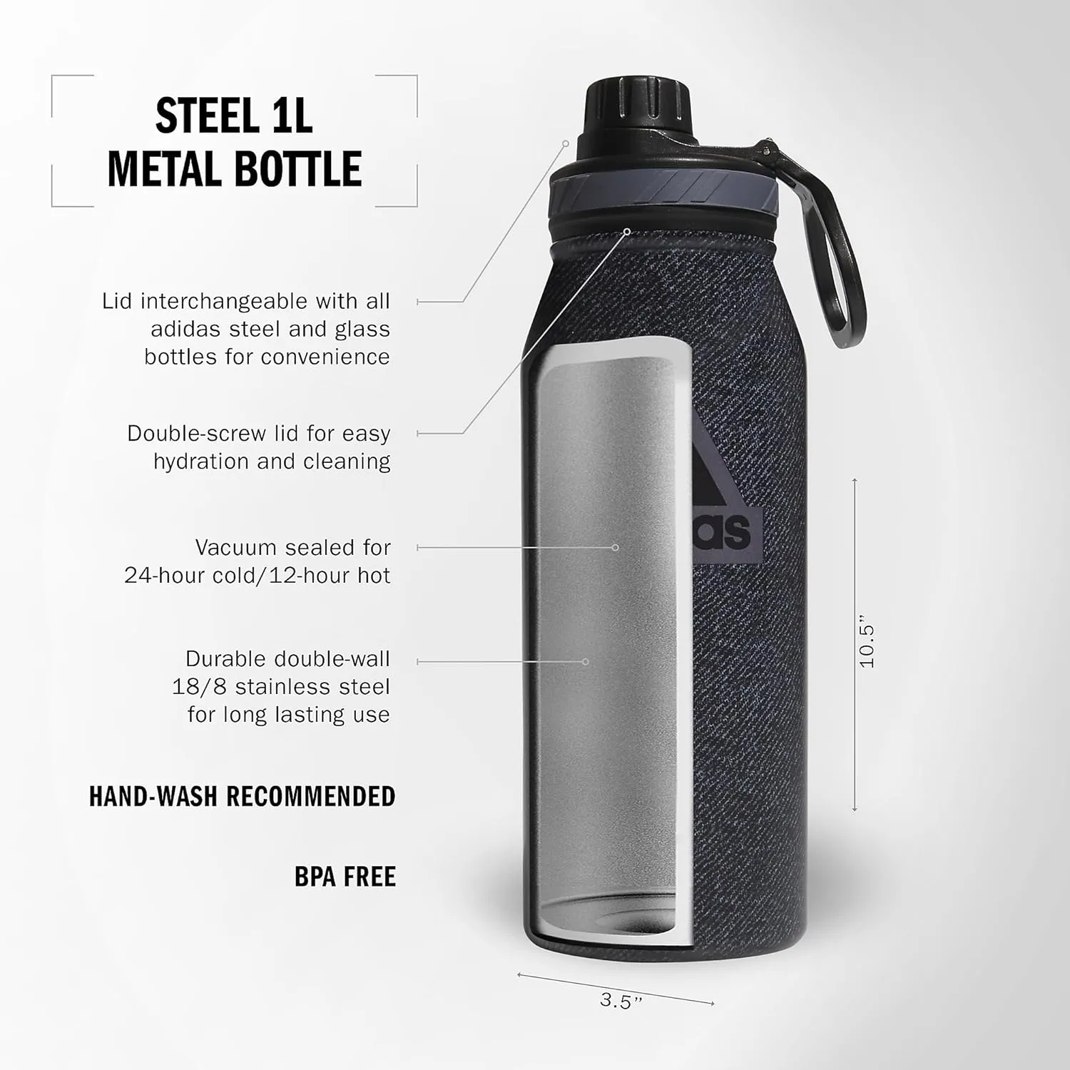 adidas 1 Liter (32 oz) Metal Water Bottle, Hot/Cold Double-Walled Insulated 18/8 Stainless Steel, Twill Black/Black/Grey Five, 32 Ounces