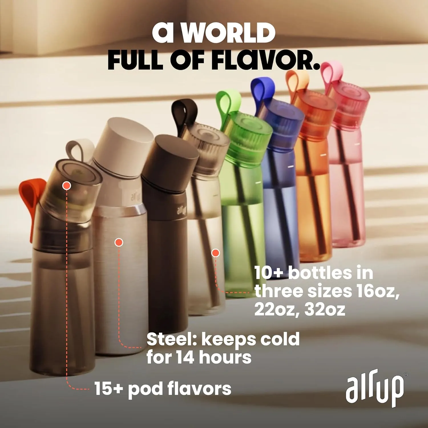 air up® water bottle (16oz) Steel Black   5x pods Flavor Fiesta | Sugar free flavor pods & Water bottles with straw | Flavored water bottle