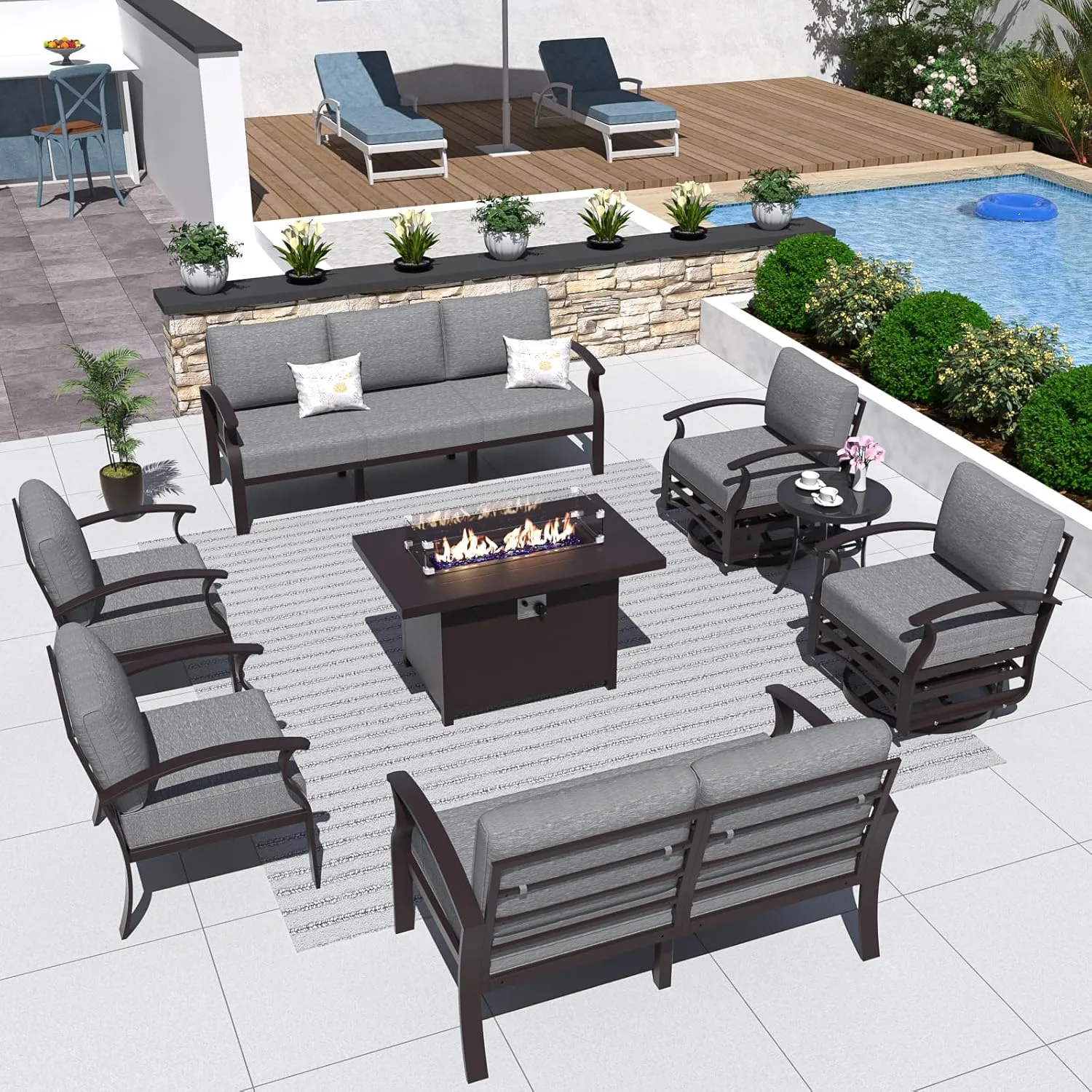 ALAULM Aluminum Patio Furniture Set with Propane Fire Pit Table 9-seat Metal Outdoor Furniture w/Fire Pit Patio Sectional w/5.1" Cushions for Patio, Backyard, Poolside-Grey
