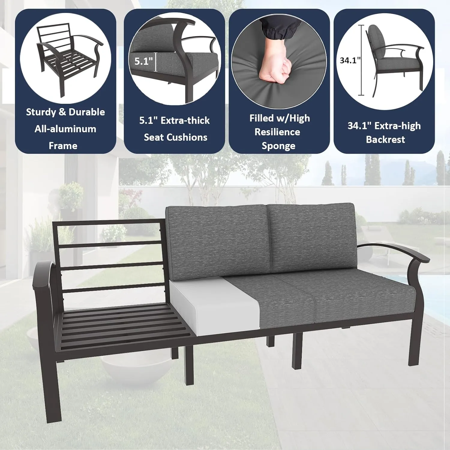 ALAULM Aluminum Patio Furniture Set with Propane Fire Pit Table 9-seat Metal Outdoor Furniture w/Fire Pit Patio Sectional w/5.1" Cushions for Patio, Backyard, Poolside-Grey