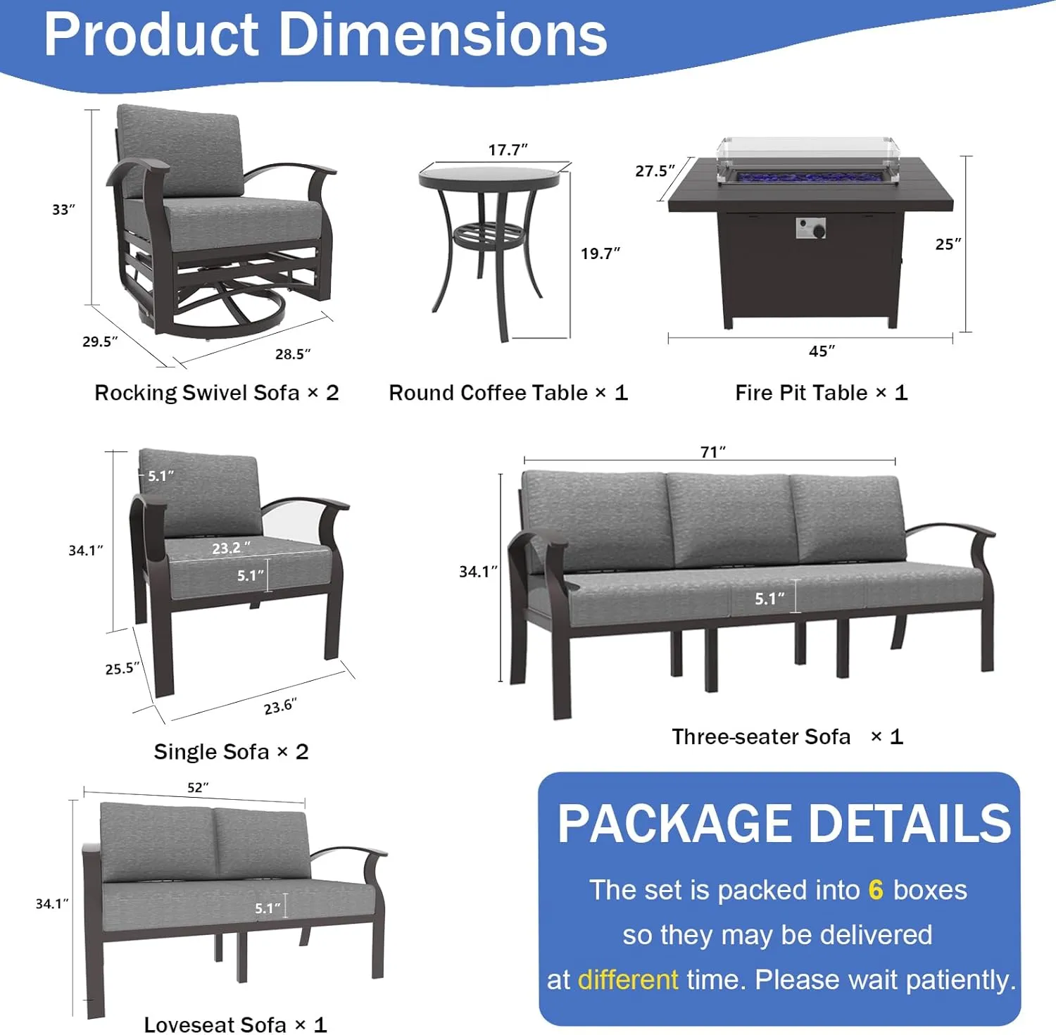 ALAULM Aluminum Patio Furniture Set with Propane Fire Pit Table 9-seat Metal Outdoor Furniture w/Fire Pit Patio Sectional w/5.1" Cushions for Patio, Backyard, Poolside-Grey