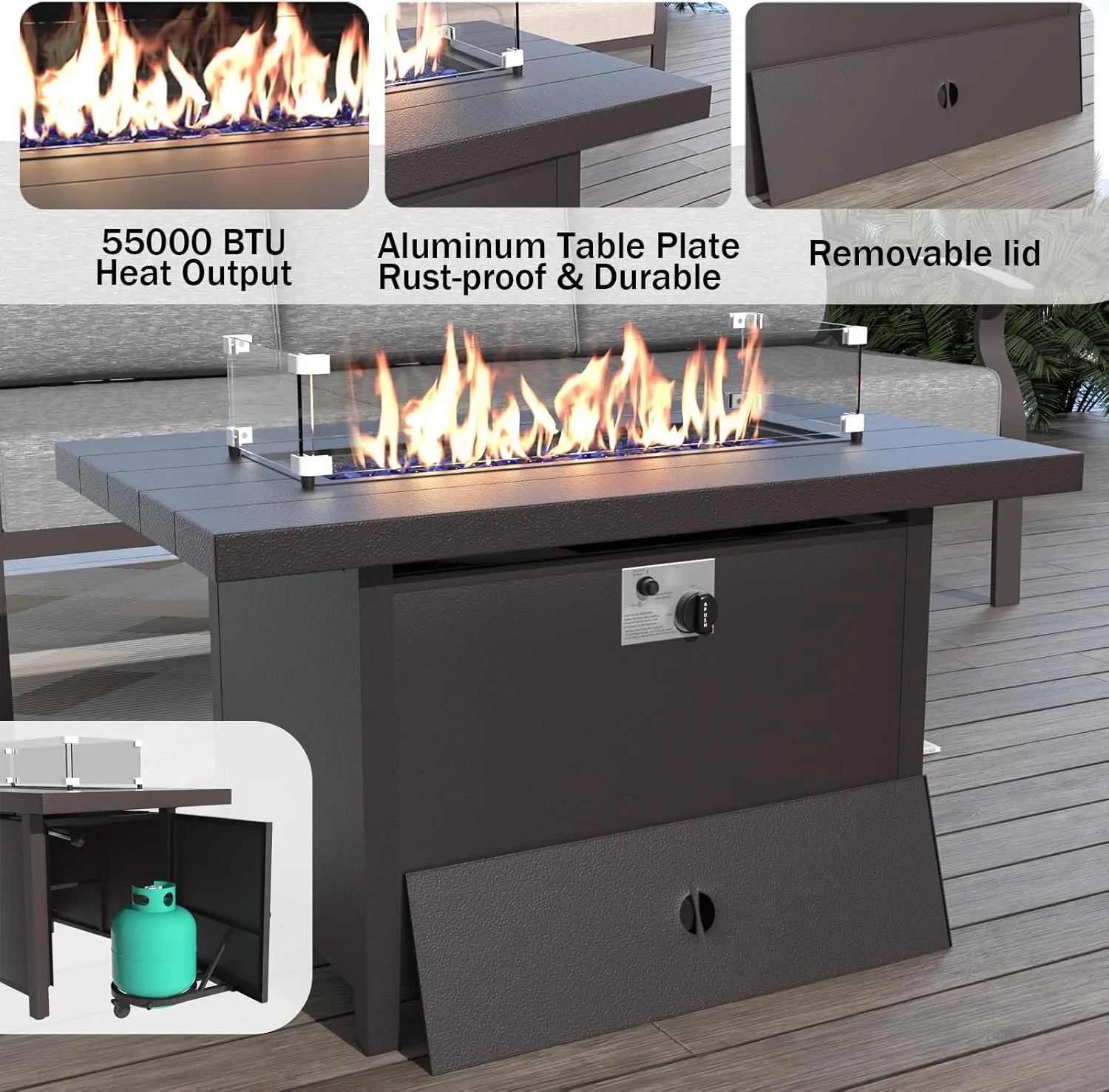 ALAULM Aluminum Patio Furniture Set with Propane Fire Pit Table 9-seat Metal Outdoor Furniture w/Fire Pit Patio Sectional w/5.1" Cushions for Patio, Backyard, Poolside-Grey