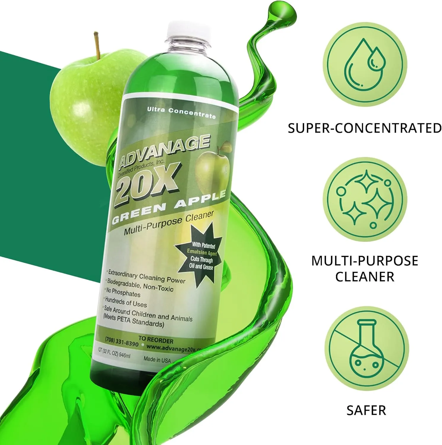 All Purpose Cleaner Concentrate - Advanage 20X The Wonder Cleaner Green Apple for All Surfaces Around The Home, Oil and Grease | Multipurpose Cleaner For All Household Cleaning Needs | 32Oz