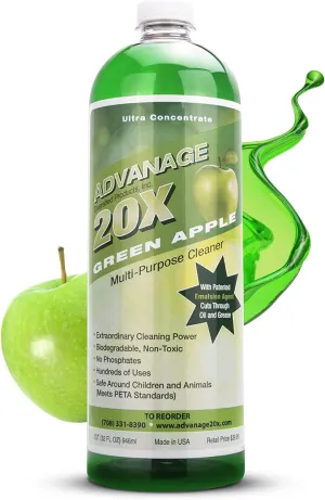 All Purpose Cleaner Concentrate - Advanage 20X The Wonder Cleaner Green Apple for All Surfaces Around The Home, Oil and Grease | Multipurpose Cleaner For All Household Cleaning Needs | 32Oz