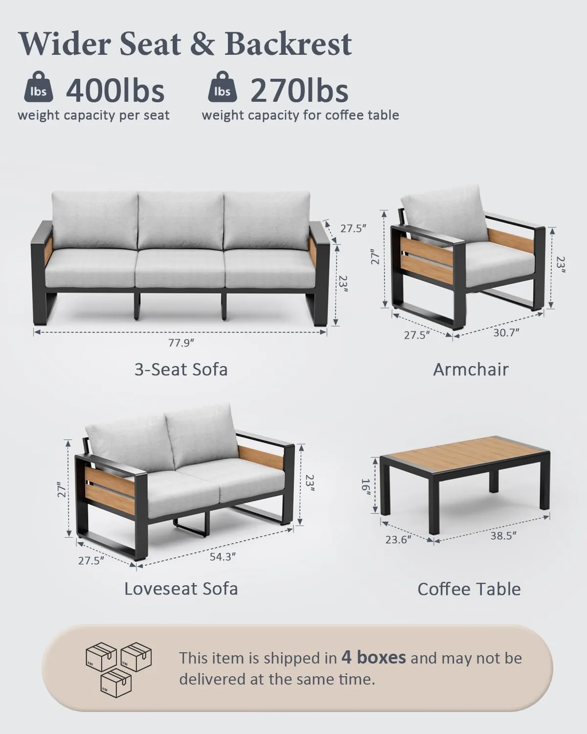 Aluminum Outdoor Patio Furniture Set, 5-Piece Metal Modern Outside Sectional Conversation Lawn Furniture with Coffee Table & Washable Thick Cushions,Seating Sofa for Garden/Backyard/Porch Grey