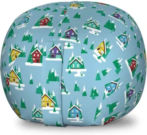 Ambesonne House Storage Toy Bag Chair, Rectangular Trilateral Homes Windows Door Knobs Snow on Pointy Trees Christmas Time, Stuffed Animal Organizer Washable Bag, Small Size, Multicolor