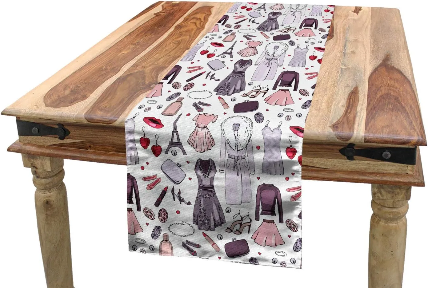 Ambesonne Modern Table Runner, Feminine Fashion Themed Items Dress Earrings Makeup Objects Heels Bag, Dining Room Kitchen Rectangular Runner, 16" X 72", Pastel Purple Pale Pink