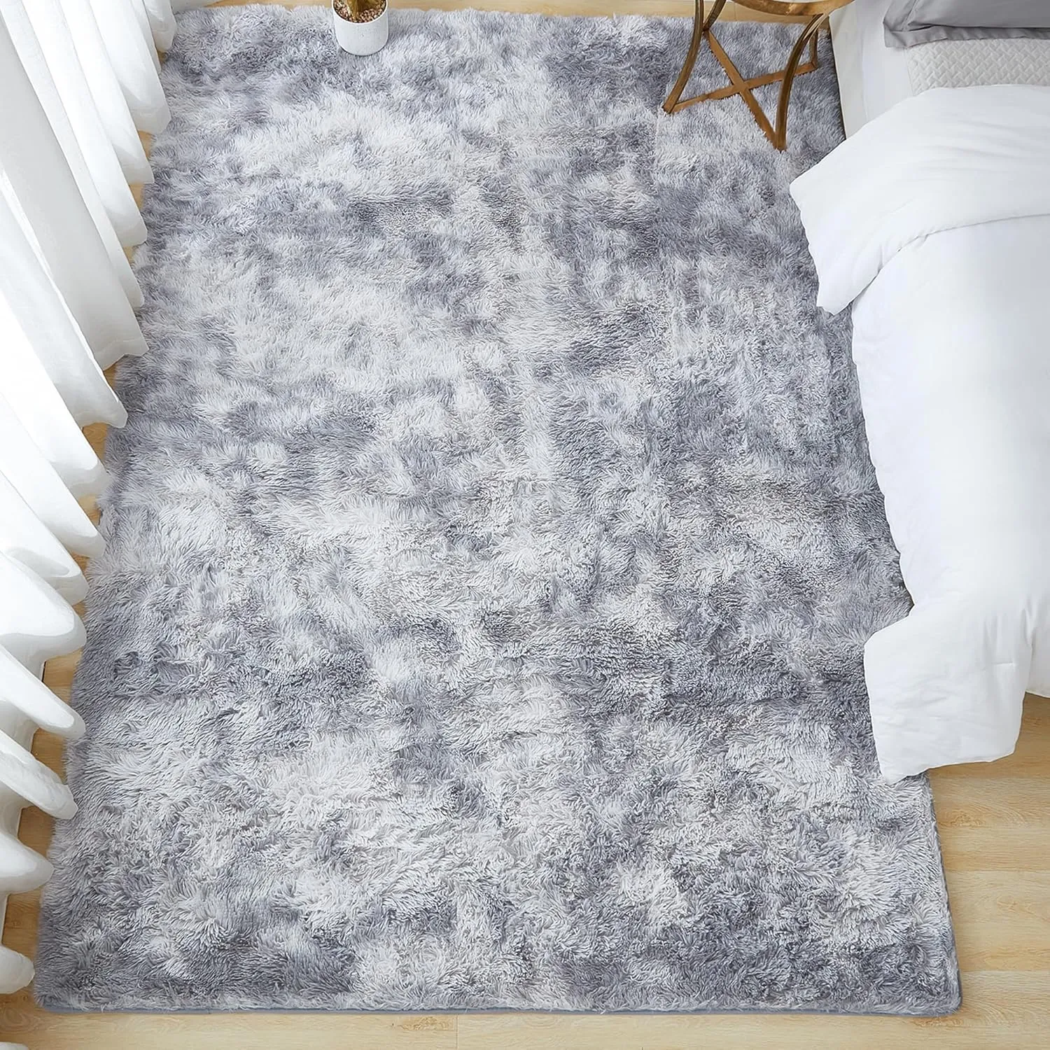 Andency Shag Fluffy Area Rug 5x8 Feet, Tie-Dyed Light Grey Anti-Skid Fuzzy Plush Faux Fur Indoor Carpets for Living Room Bedroom, Durable Rectangular Nursery Rug for Kids Room Home Decor