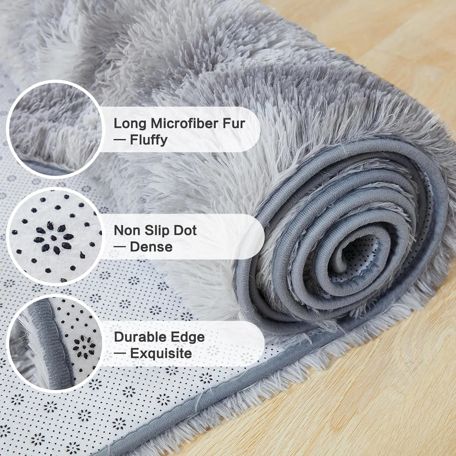 Andency Shag Fluffy Area Rug 5x8 Feet, Tie-Dyed Light Grey Anti-Skid Fuzzy Plush Faux Fur Indoor Carpets for Living Room Bedroom, Durable Rectangular Nursery Rug for Kids Room Home Decor