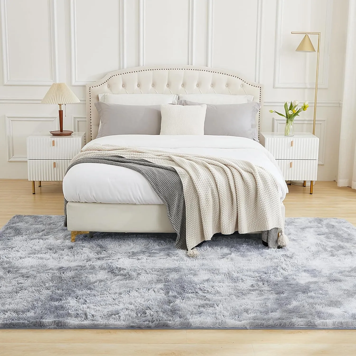 Andency Shag Fluffy Area Rug 5x8 Feet, Tie-Dyed Light Grey Anti-Skid Fuzzy Plush Faux Fur Indoor Carpets for Living Room Bedroom, Durable Rectangular Nursery Rug for Kids Room Home Decor
