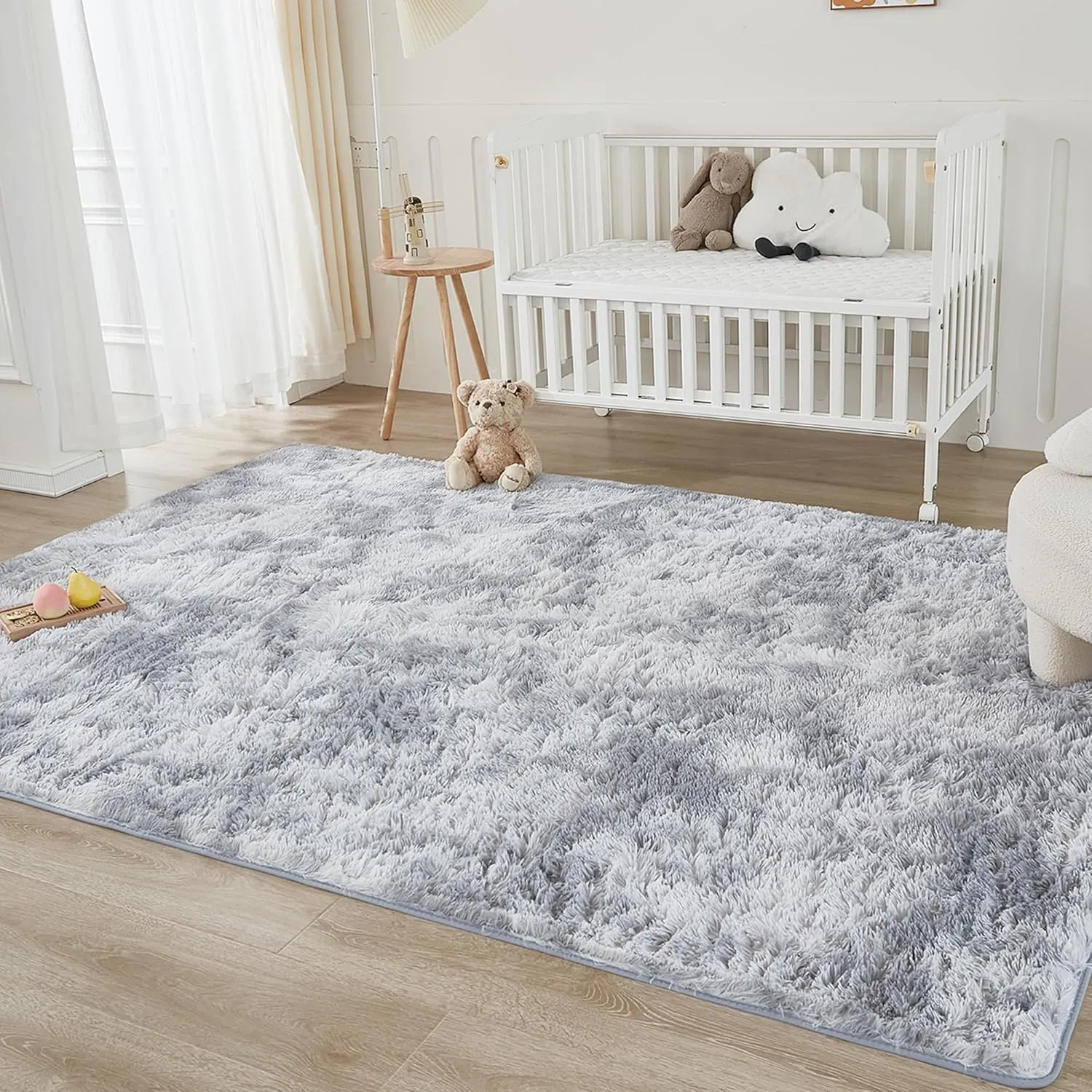 Andency Shag Fluffy Area Rug 5x8 Feet, Tie-Dyed Light Grey Anti-Skid Fuzzy Plush Faux Fur Indoor Carpets for Living Room Bedroom, Durable Rectangular Nursery Rug for Kids Room Home Decor