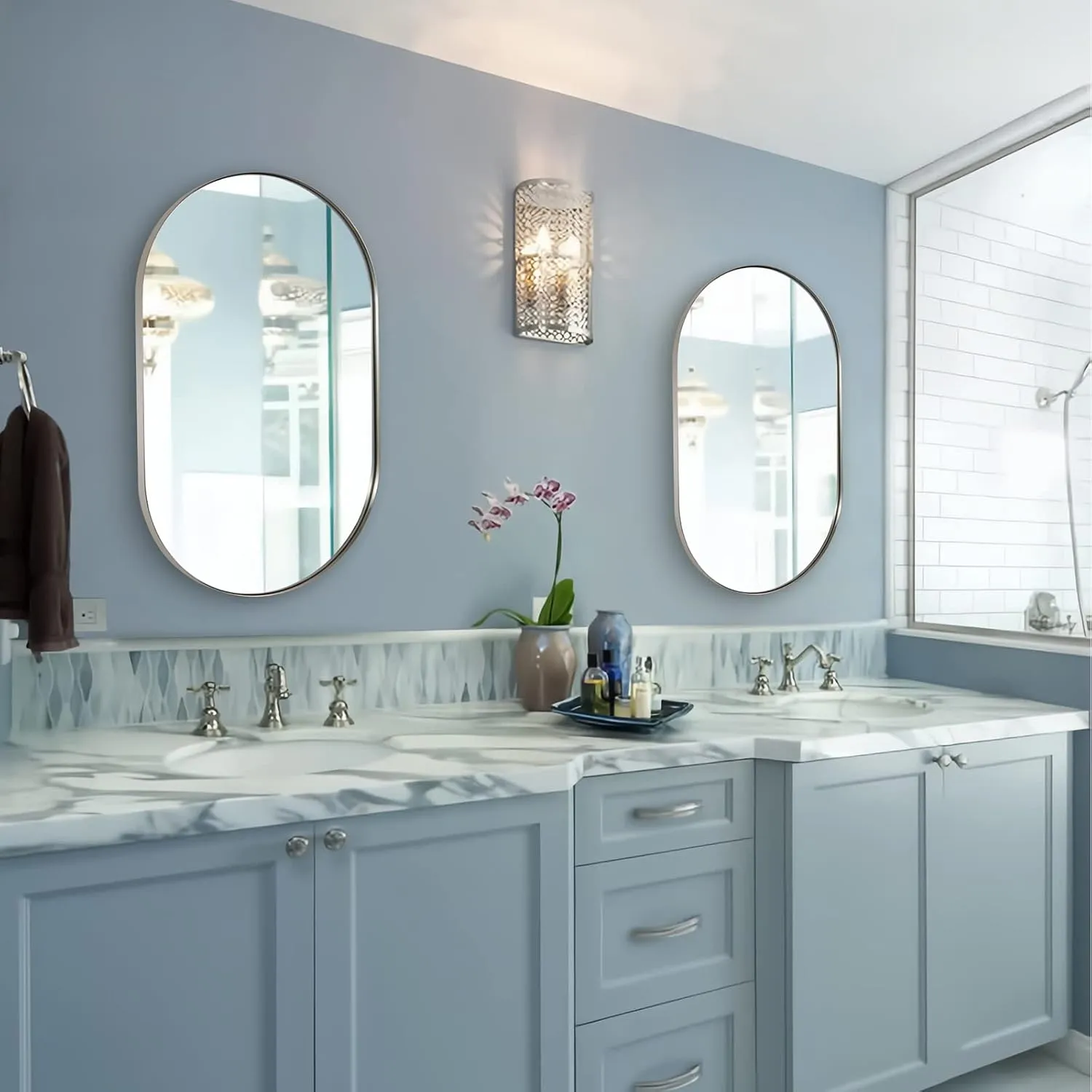 ANDY STAR Brushed Nickel Bathroom Mirror, 20x33 Oval Silver Wall Mirror, HD Reflection Metal Frame for Bathroom Hang Vertical or Horizontal