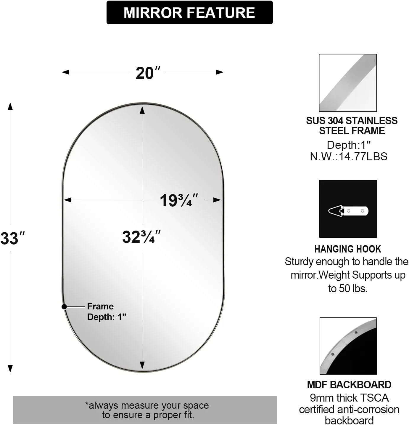 ANDY STAR Brushed Nickel Bathroom Mirror, 20x33 Oval Silver Wall Mirror, HD Reflection Metal Frame for Bathroom Hang Vertical or Horizontal