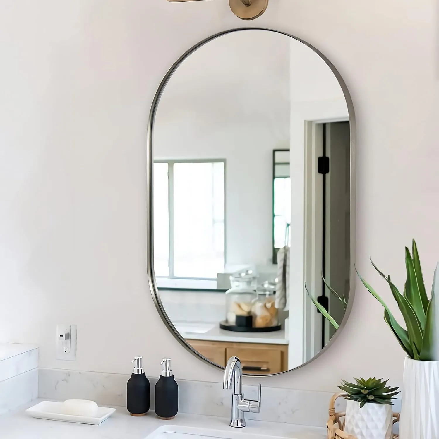 ANDY STAR Brushed Nickel Mirror Bathroom, 30x40 Oval Mirror Nickel, Pill Shaped Mirrors in Premium Stainless Steel Metal Frame 1”Deep Wall Mounted Horizontal/Vertical