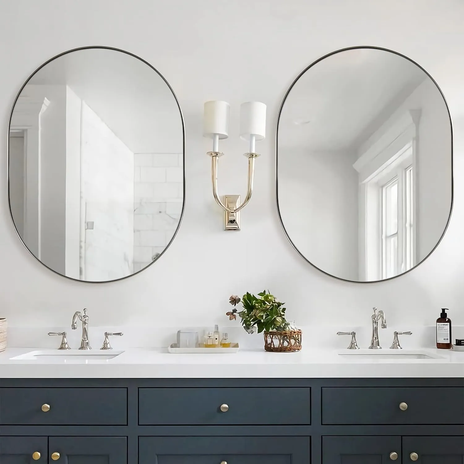 ANDY STAR Brushed Nickel Mirror Bathroom, 30x40 Oval Mirror Nickel, Pill Shaped Mirrors in Premium Stainless Steel Metal Frame 1”Deep Wall Mounted Horizontal/Vertical